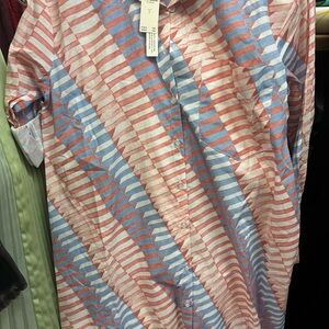 Men's Striped Button-Up Shirt — Blue & Coral